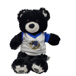Build A Bear Black Bear Soccer paws and white blue gold Jersey Approx 16"